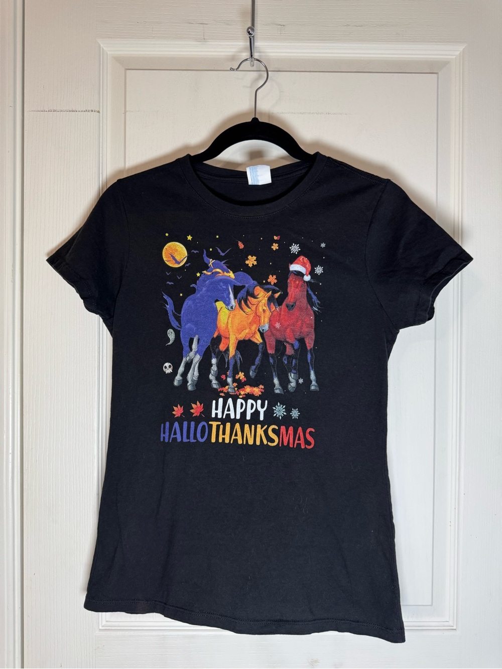 Women's Black Holiday Graphic Tee - Happy Hallothanksmas, Size Small